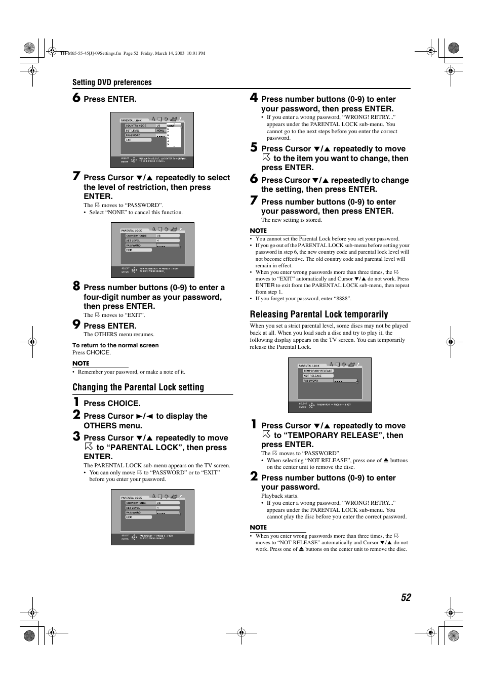 Changing the parental lock setting, Releasing parental lock temporarily | JVC TH-M45 User Manual | Page 55 / 134