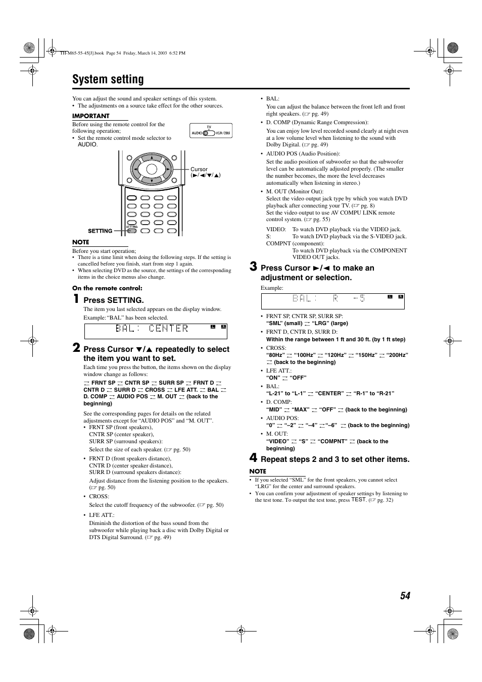 System setting, Press setting, Repeat steps 2 and 3 to set other items | JVC TH-M45 User Manual | Page 57 / 134