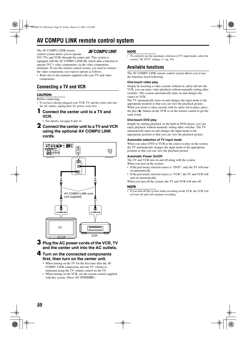 Av compu link remote control system, Connecting a tv and vcr, Available functions | JVC TH-M45 User Manual | Page 58 / 134