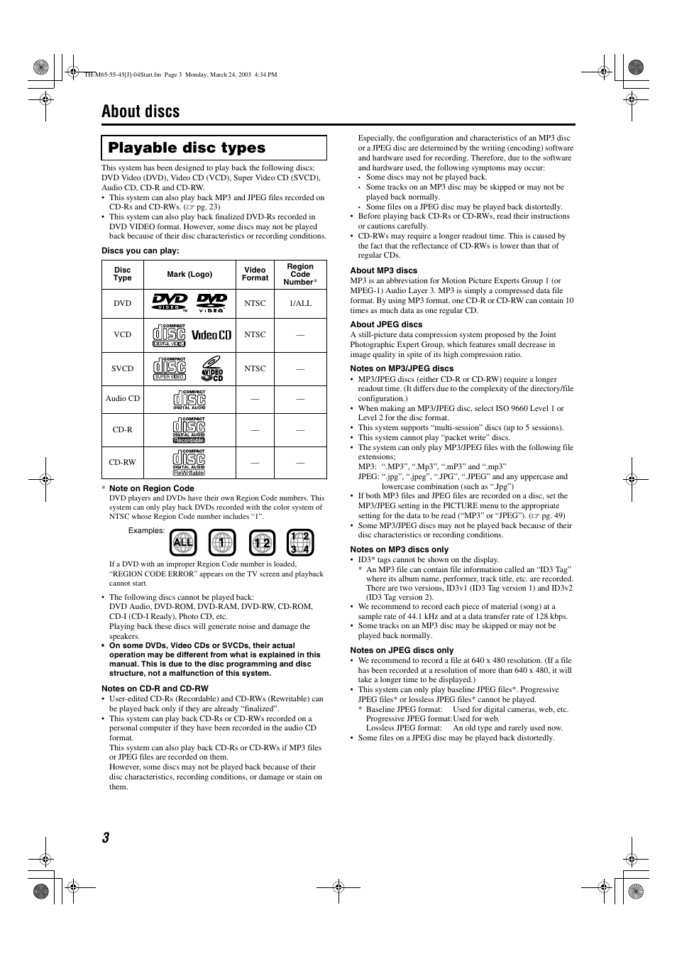 About discs, Playable disc types | JVC TH-M45 User Manual | Page 6 / 134