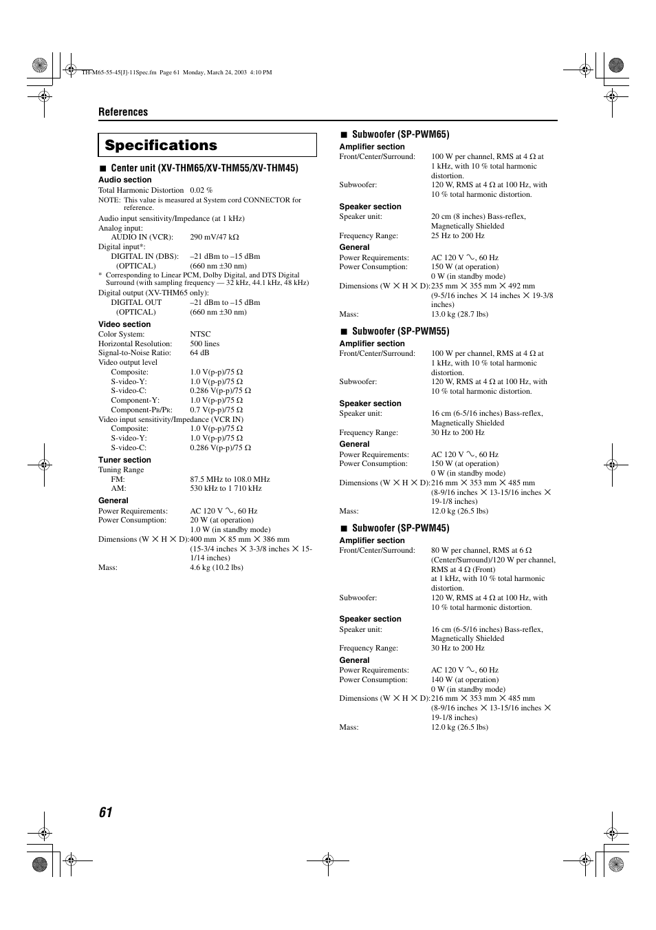 Specifications, References | JVC TH-M45 User Manual | Page 64 / 134