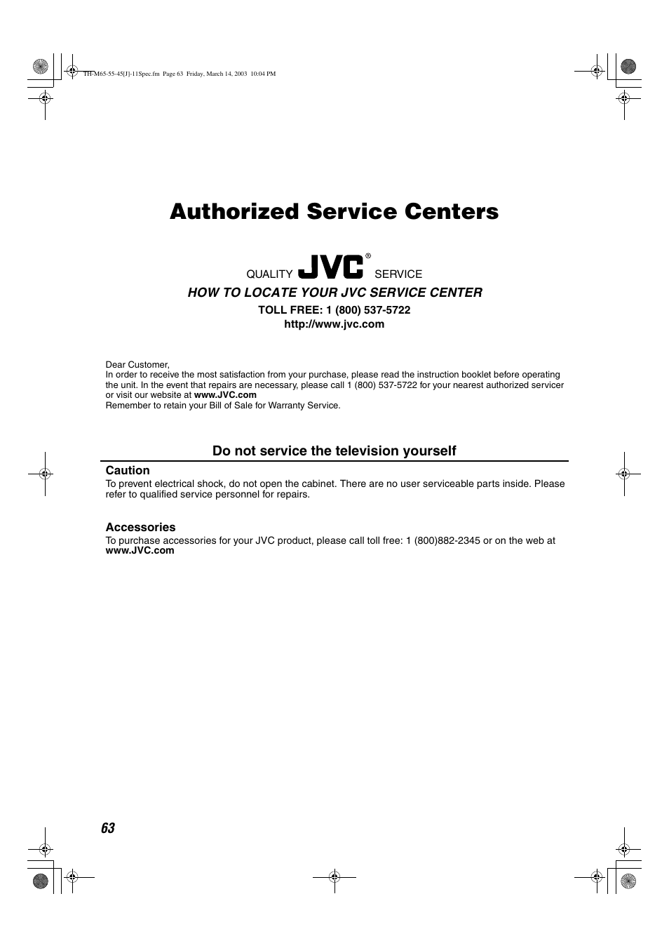 Authorized service centers | JVC TH-M45 User Manual | Page 66 / 134