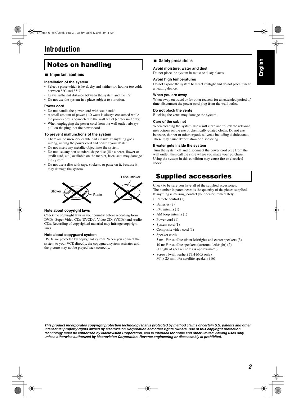 Introduction, A pg. 2), Supplied accessories | JVC TH-M45 User Manual | Page 73 / 134