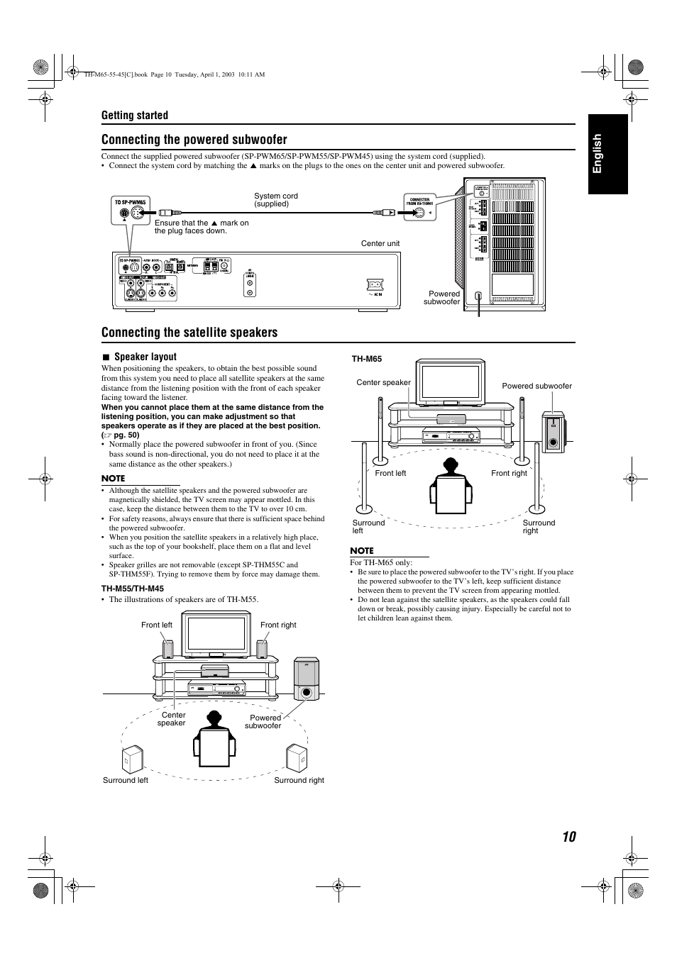 A pg. 10, Em cord connector a pg. 10, A pg. 10) | Connecting the powered subwoofer, Connecting the satellite speakers | JVC TH-M45 User Manual | Page 81 / 134