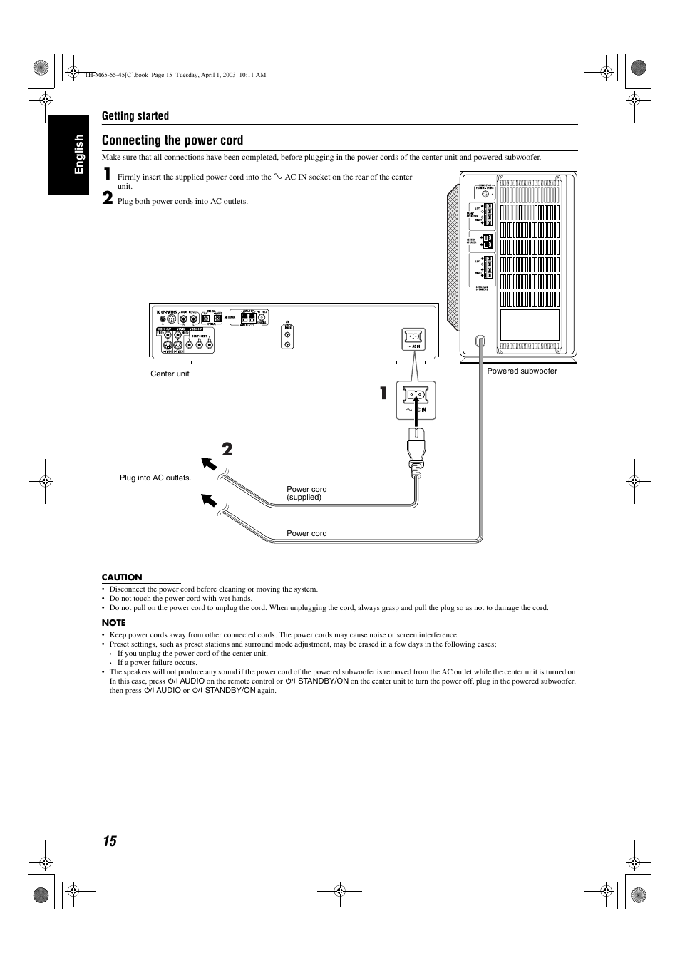 A pg. 15), A pg. 15, Connecting the power cord | JVC TH-M45 User Manual | Page 86 / 134