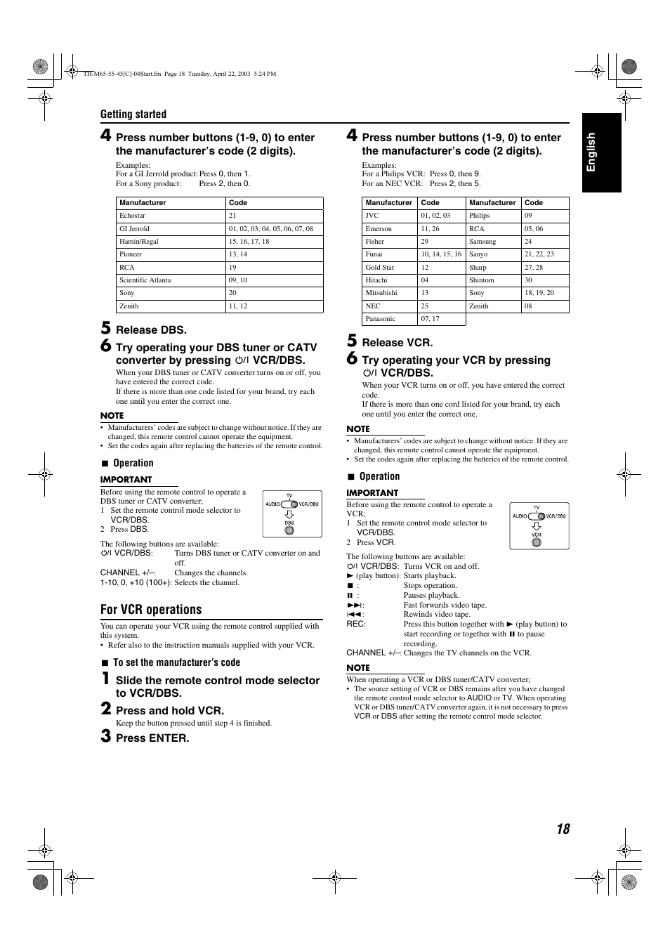 A pg. 18, A pg. 18), For vcr operations | JVC TH-M45 User Manual | Page 89 / 134