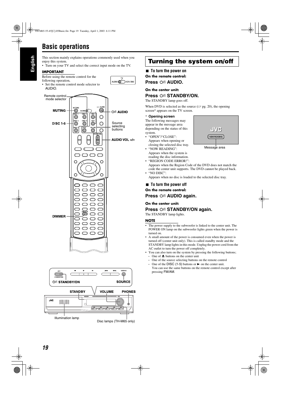 Basic operations, A pg. 19, Y/on) a pg. 19 | A pg. 19), Turning the system on/off | JVC TH-M45 User Manual | Page 90 / 134