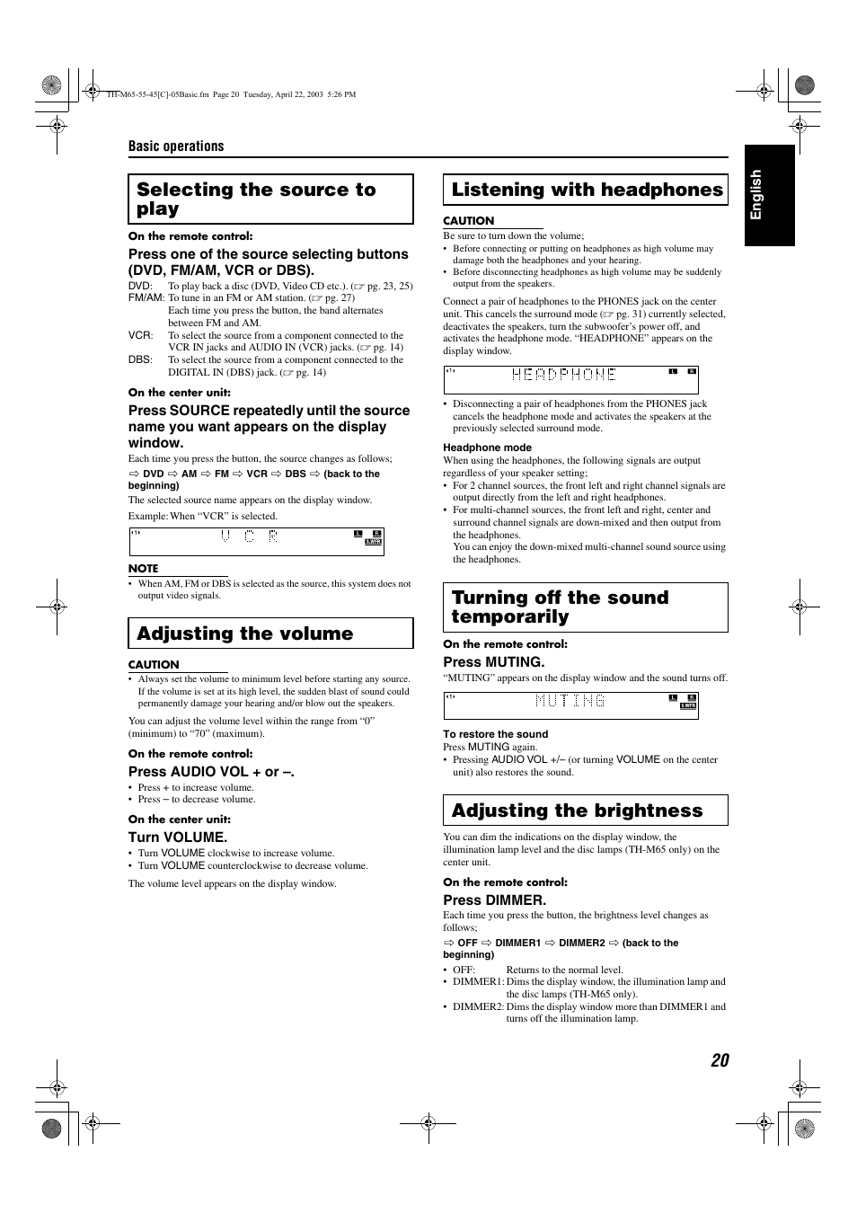 A pg. 20, Olume), A pg. 20) | Source, Dimmer, Muting, Ones) | JVC TH-M45 User Manual | Page 91 / 134