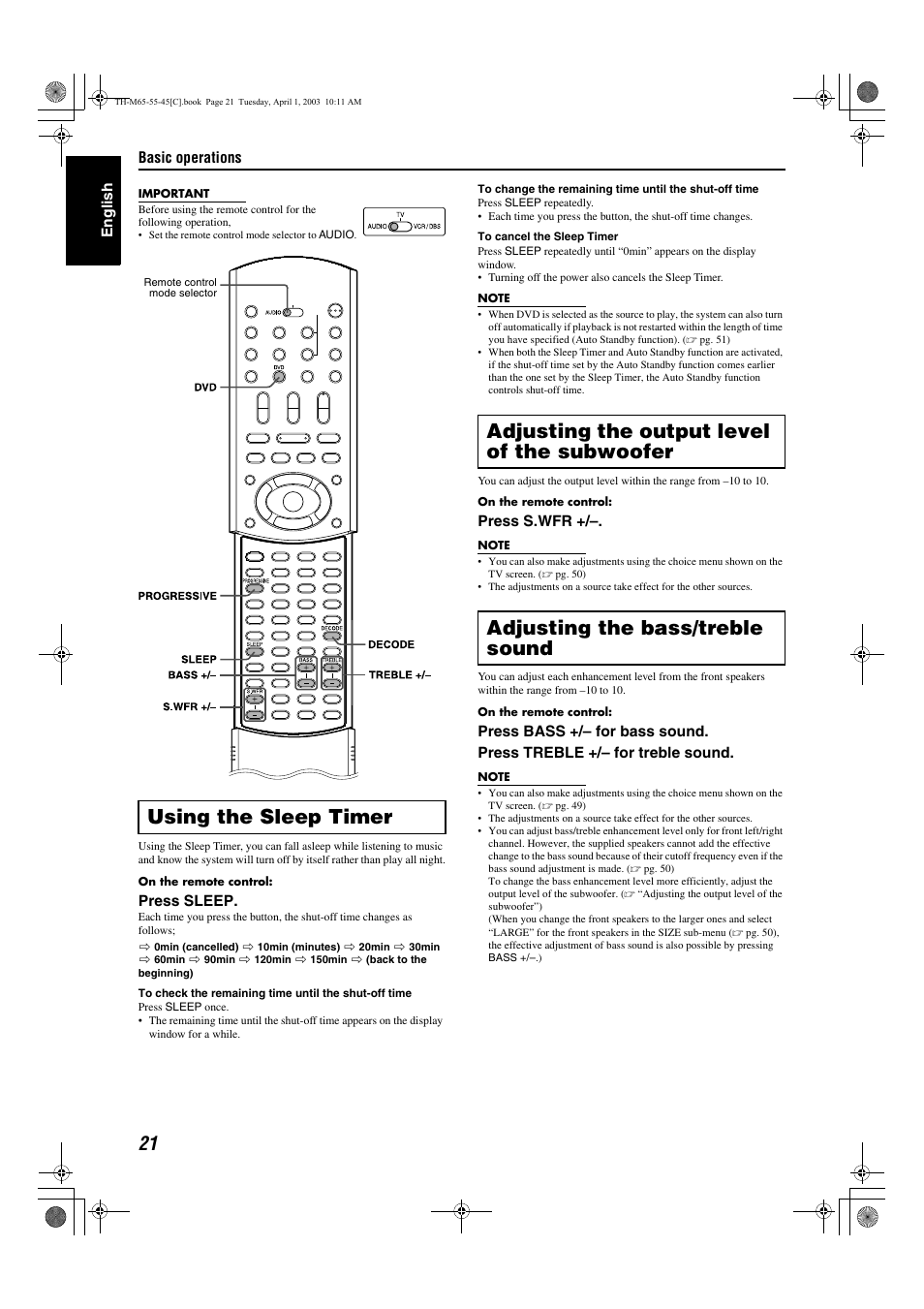 A pg. 21, A “adjusting the output level of the, Subwoofer”) | A pg. 21), Bass (bass) , 49, Sleep timer, Treble (treble) , 49, Using the sleep timer | JVC TH-M45 User Manual | Page 92 / 134