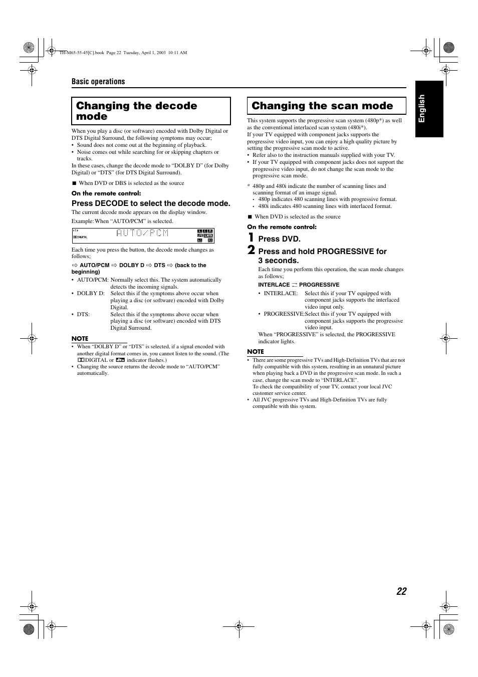 A pg. 22, A pg. 22), Auto/pcm | Decode mode, Interlace mode (interlace), Progressive mode (progressive), Decode), Changing the decode mode changing the scan mode | JVC TH-M45 User Manual | Page 93 / 134