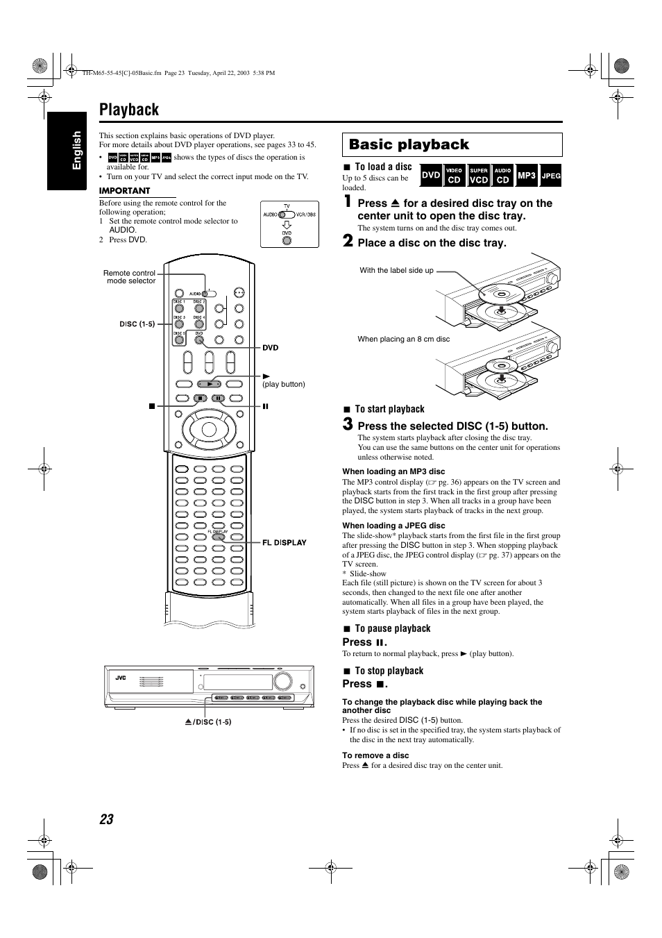 Playback, A pg. 23), A pg. 23 | Tton in step 3, Disc trays, Deo cd etc.), A pg. 23, 25), Basic playback | JVC TH-M45 User Manual | Page 94 / 134