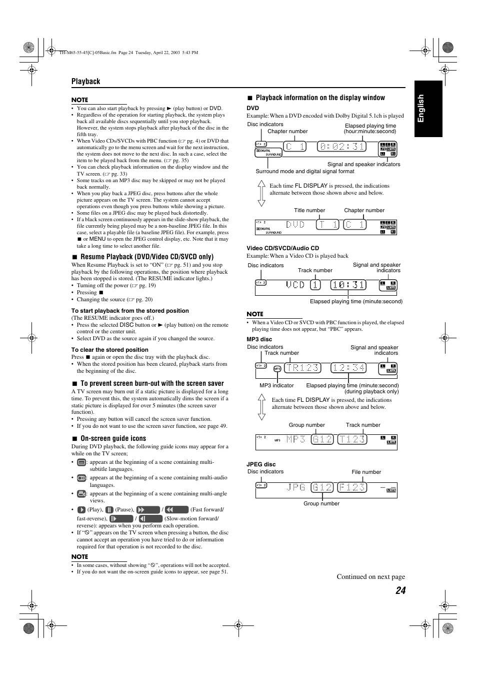 A pg. 24, A pg. 24), On-screen guide icons (on screen guide) , 51 | Resume playback (resume) , 51, Screen saver (screen saver) , 49, Cator, Resume), Playback, English | JVC TH-M45 User Manual | Page 95 / 134