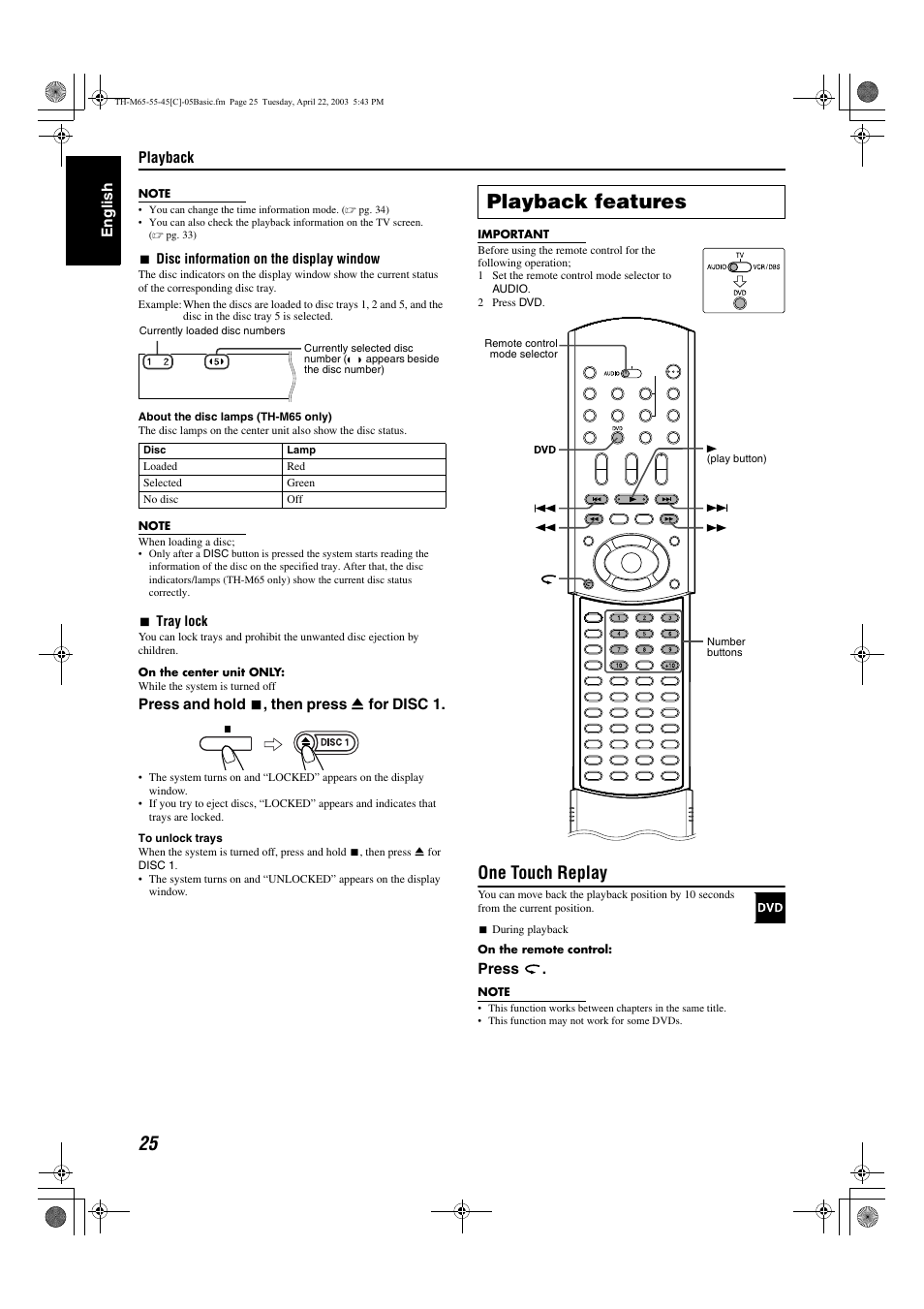 A pg. 25, Disc indicators a pg. 25, A pg. 25) | Tray lock, Disc indicators, Playback features, One touch replay | JVC TH-M45 User Manual | Page 96 / 134