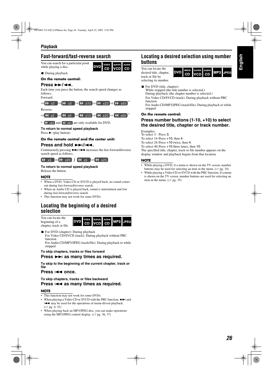 A pg. 26, Fast-forward/fast-reverse search, Locating the beginning of a desired selection | Locating a desired selection using number buttons | JVC TH-M45 User Manual | Page 97 / 134