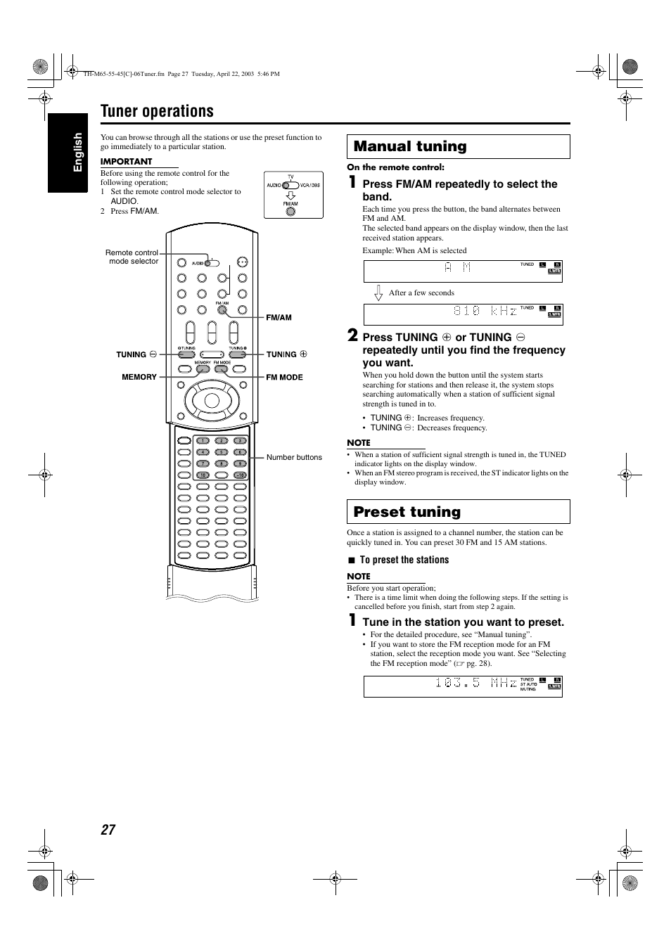 Tuner operations, A pg. 27, Ne in an fm or am station | A pg. 27), Ocedure, see “manual tuning, Stereo indicator (st), Ned), Station, Manual tuning preset tuning | JVC TH-M45 User Manual | Page 98 / 134