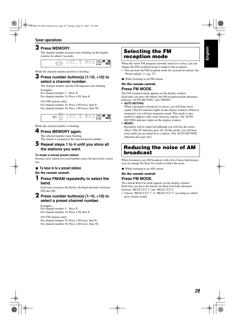 A pg. 28, Nt. see “selecting the fm reception mode, A pg. 28) | Beat cut mode (beat cut), See “selecting the fm reception mode | JVC TH-M45 User Manual | Page 99 / 134