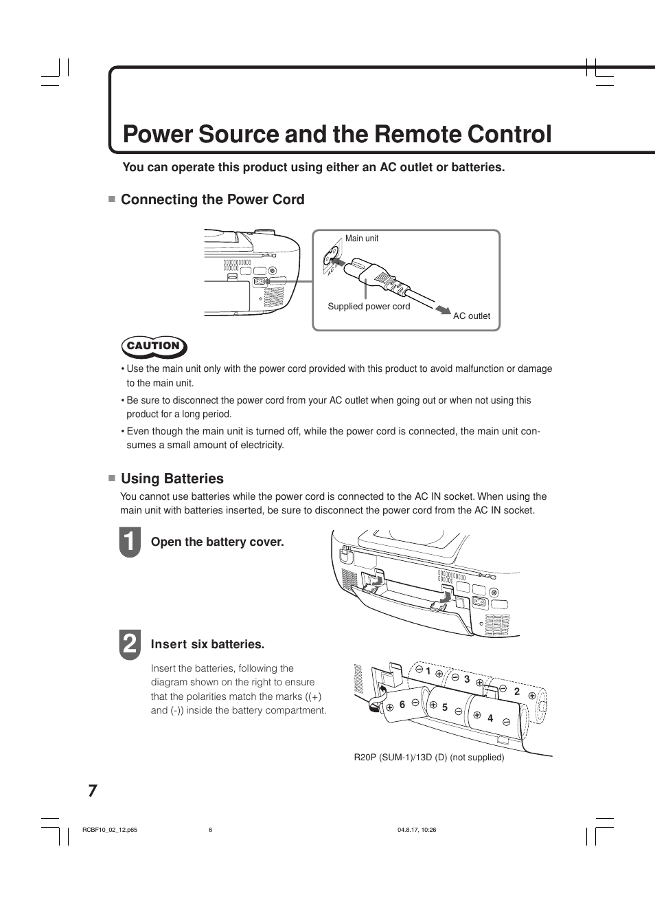 Power source and the remote control, Connecting the power cord, Using batteries | JVC RC-BF10 User Manual | Page 10 / 44