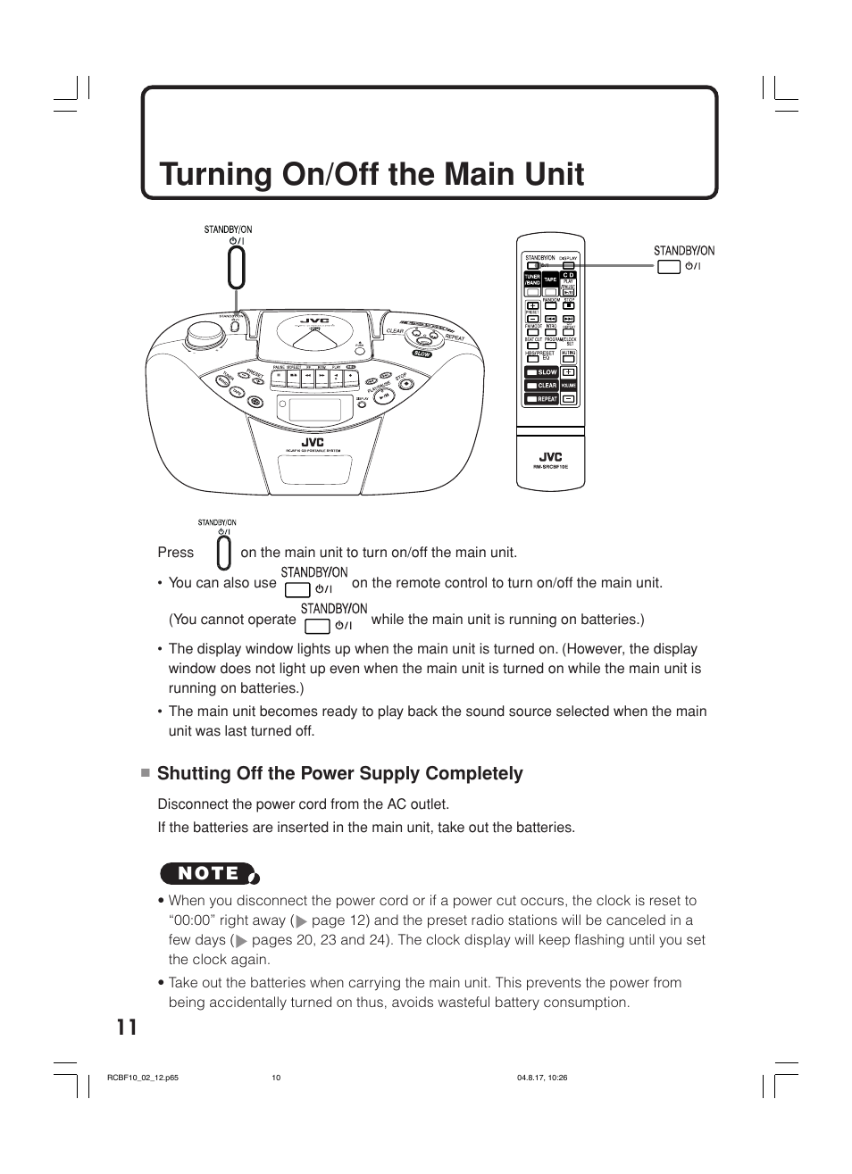 Turning on/off the main unit, Shutting off the power supply completely | JVC RC-BF10 User Manual | Page 14 / 44
