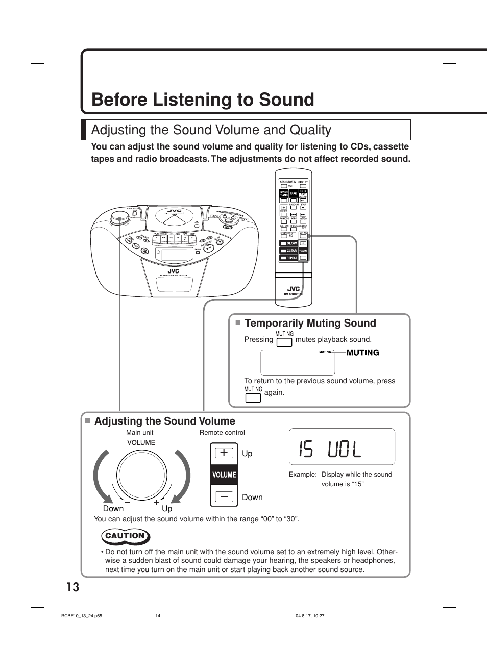 Before listening to sound, Adjusting the sound volume and quality, Adjusting the sound volume | Temporarily muting sound | JVC RC-BF10 User Manual | Page 16 / 44