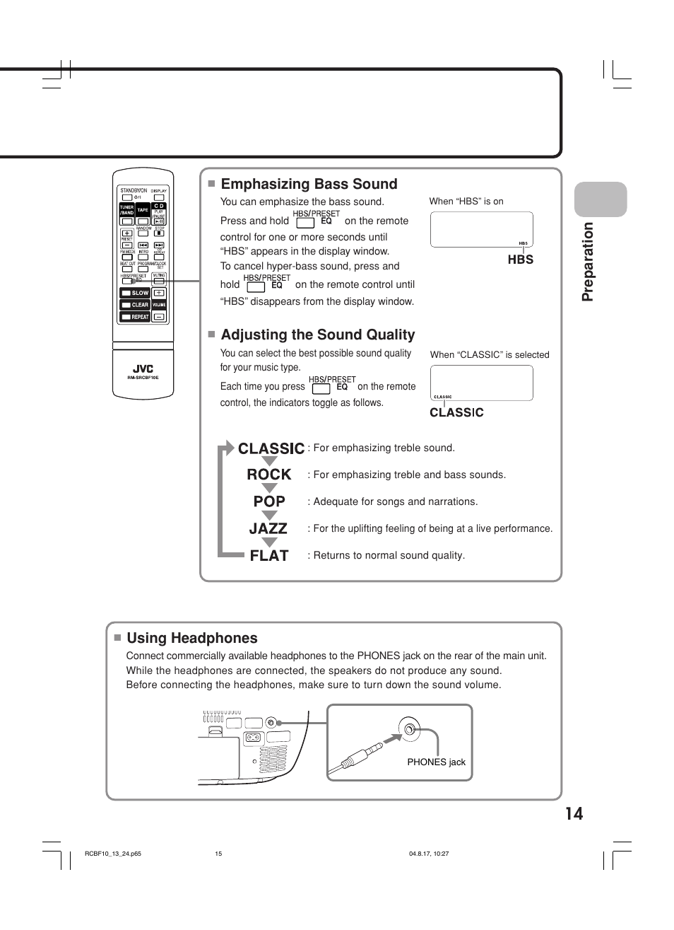 Preparation, Emphasizing bass sound, Adjusting the sound quality | Using headphones | JVC RC-BF10 User Manual | Page 17 / 44