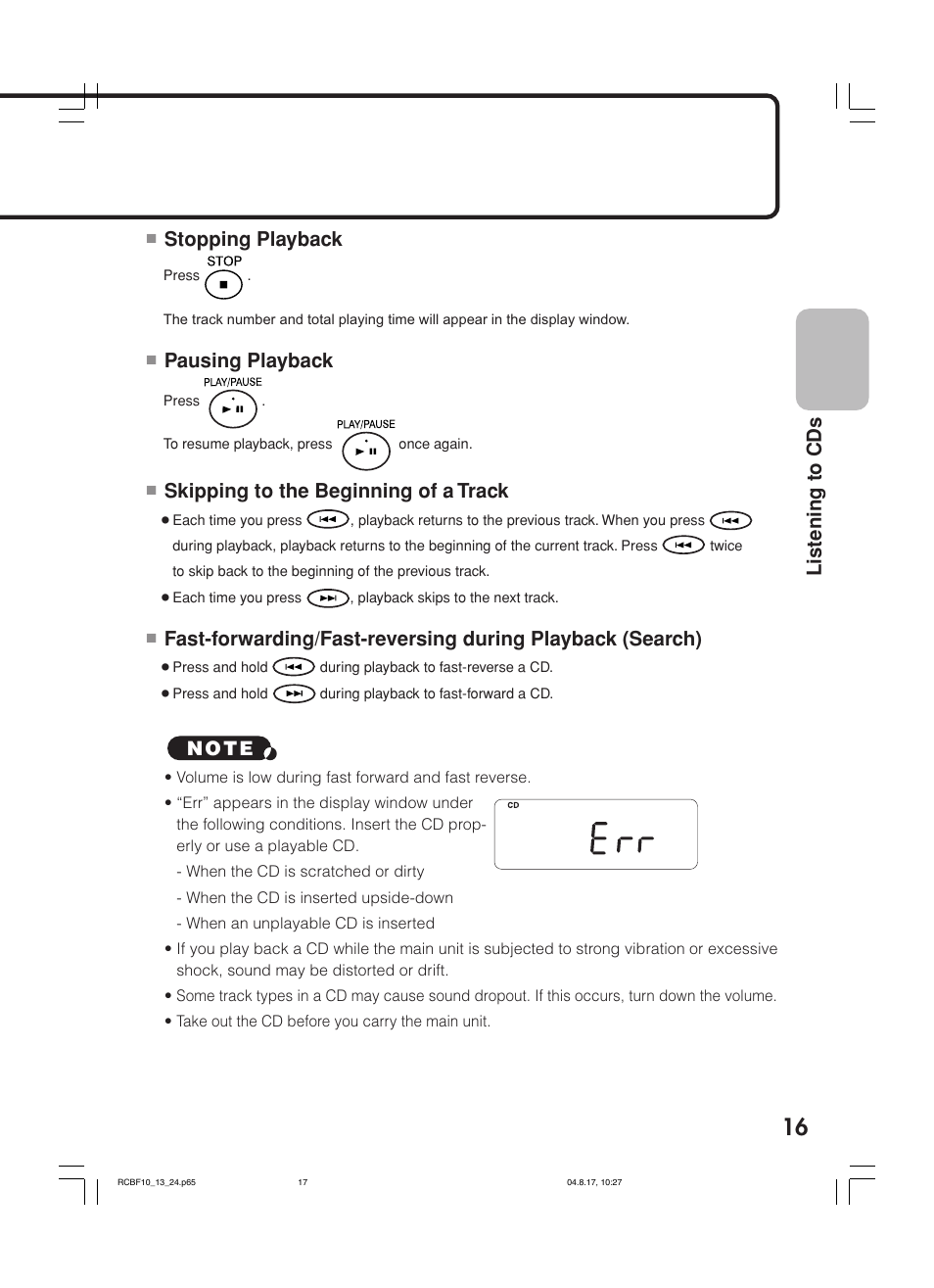 Listening to cds, Stopping playback, Pausing playback | Skipping to the beginning of a track | JVC RC-BF10 User Manual | Page 19 / 44