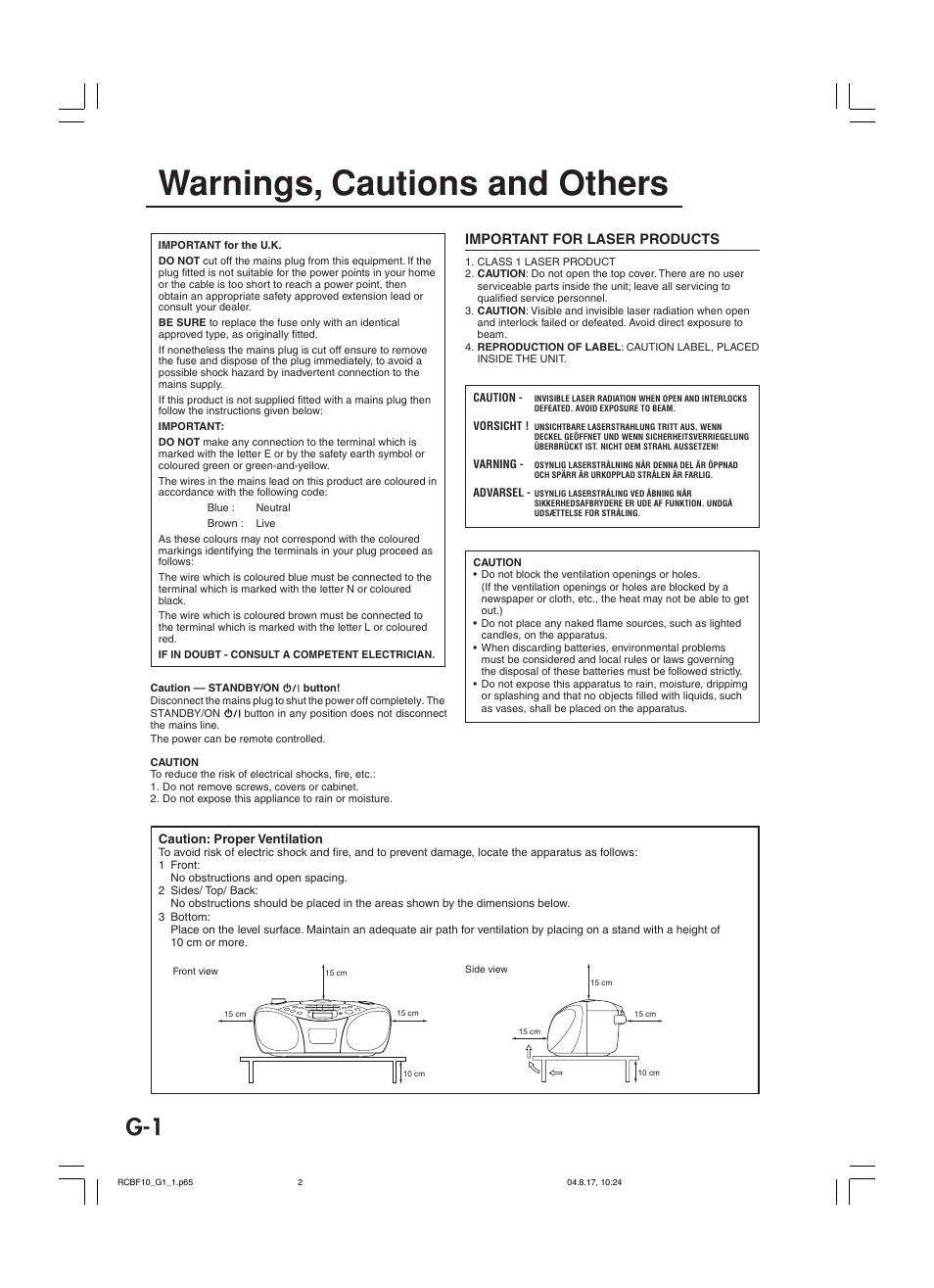 Warnings, cautions and others, Important for laser products | JVC RC-BF10 User Manual | Page 2 / 44