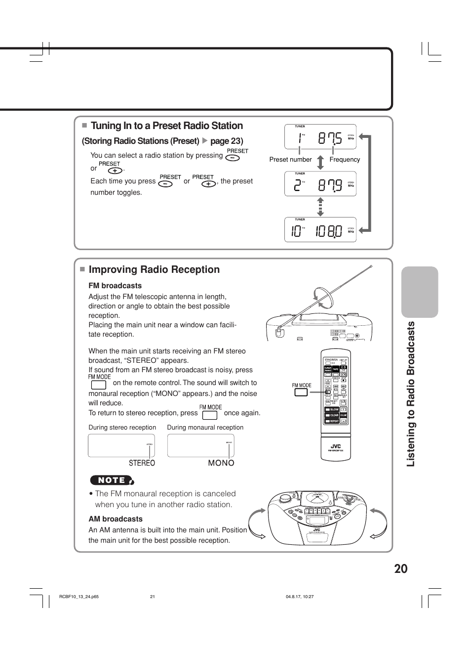 Listening to radio br oadcasts, Tuning in to a preset radio station, Improving radio reception | JVC RC-BF10 User Manual | Page 23 / 44