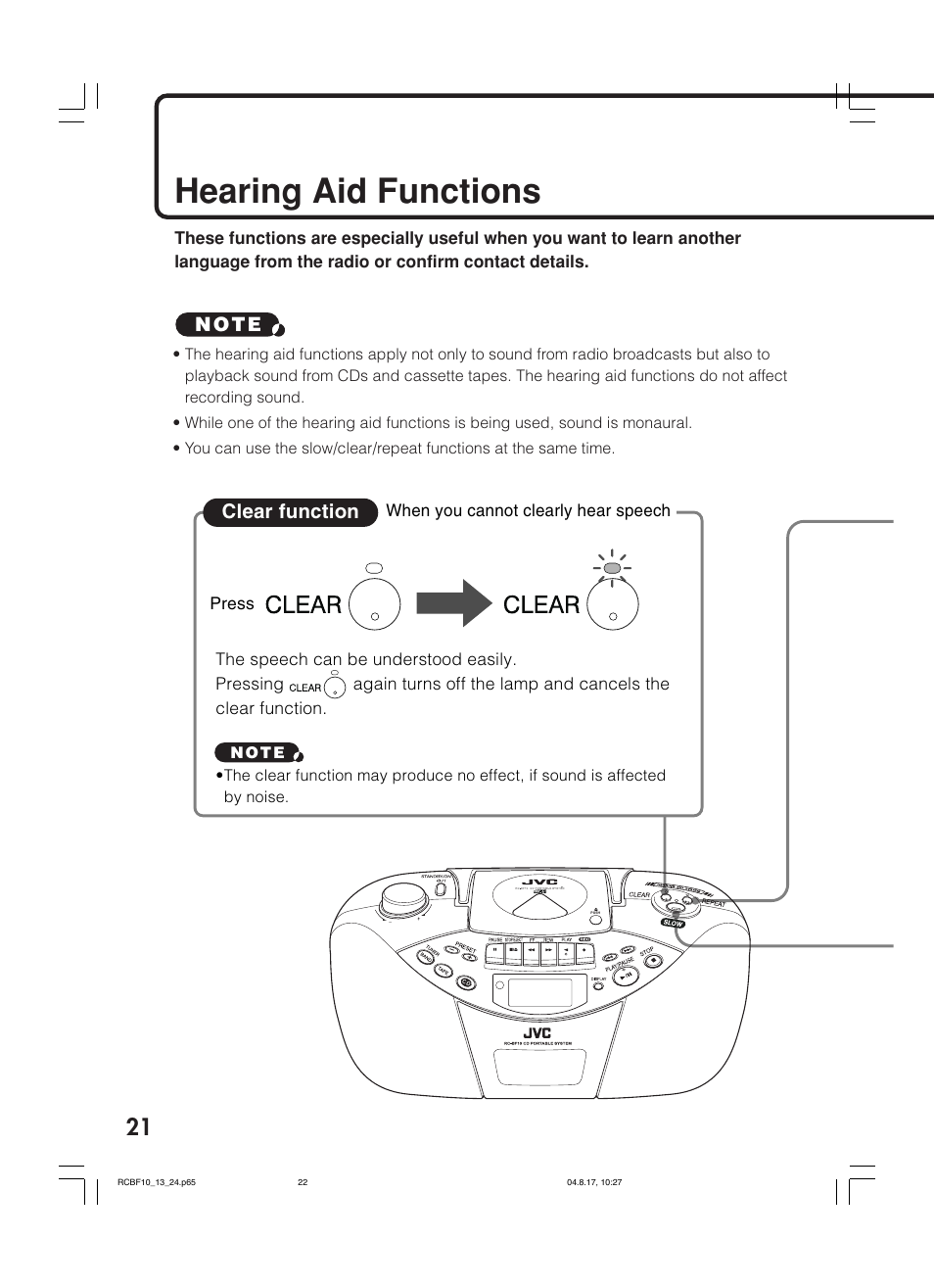 Hearing aid functions, Clear function | JVC RC-BF10 User Manual | Page 24 / 44