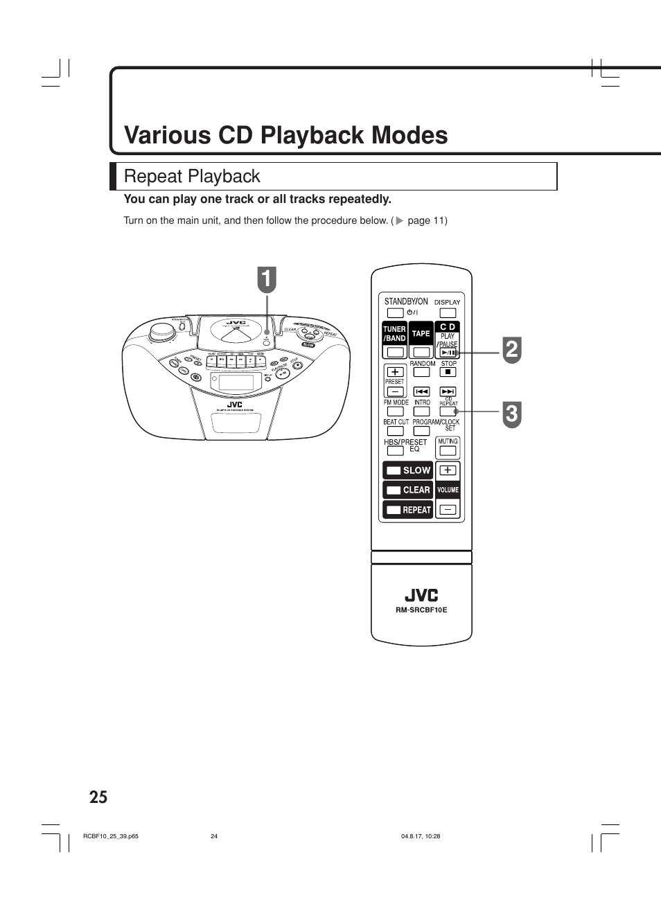 Various cd playback modes, Repeat playback | JVC RC-BF10 User Manual | Page 28 / 44