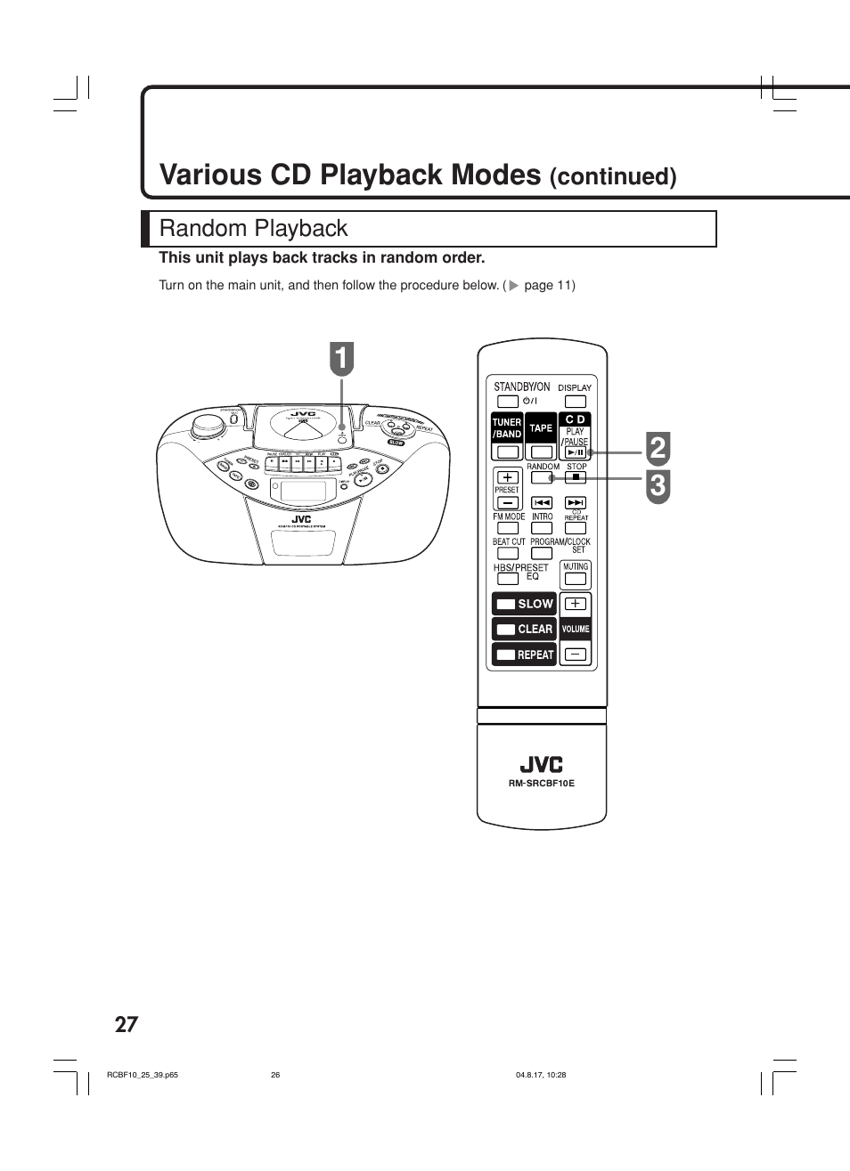 Various cd playback modes, Continued), Random playback | JVC RC-BF10 User Manual | Page 30 / 44