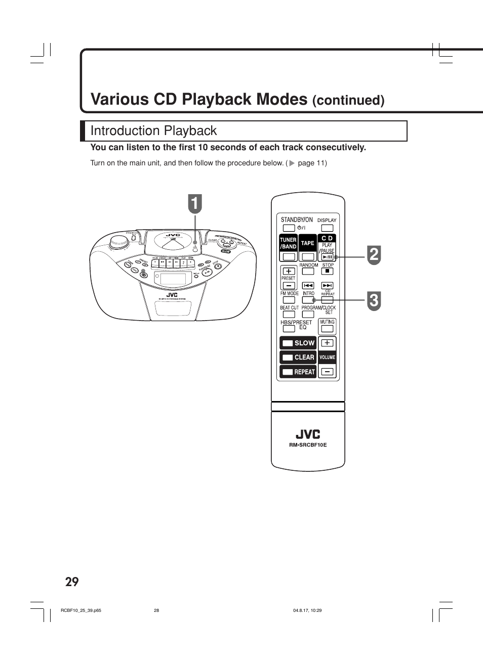 Various cd playback modes, Introduction playback, Continued) | JVC RC-BF10 User Manual | Page 32 / 44