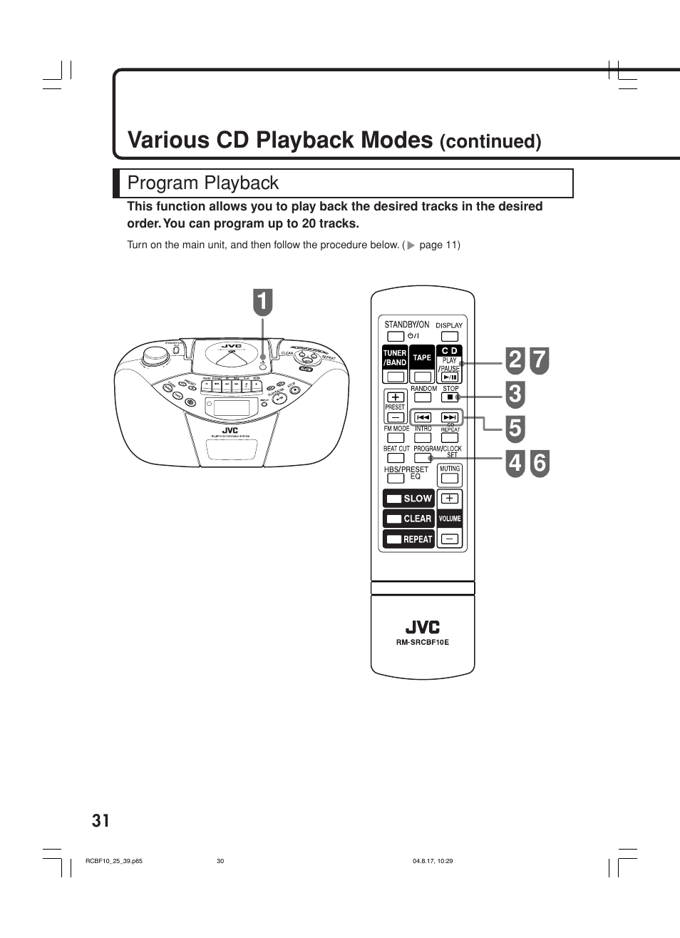 Various cd playback modes, Program playback, Continued) | JVC RC-BF10 User Manual | Page 34 / 44