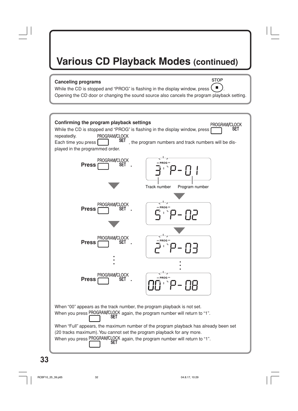 Various cd playback modes, Continued) | JVC RC-BF10 User Manual | Page 36 / 44