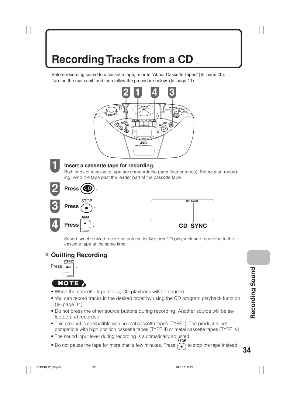 Recording tracks from a cd | JVC RC-BF10 User Manual | Page 37 / 44