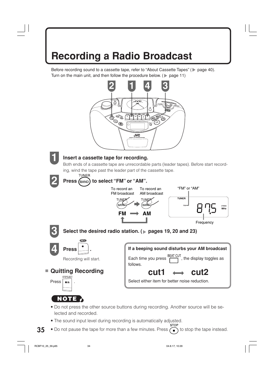 Recording a radio broadcast, Cut1 cut2 | JVC RC-BF10 User Manual | Page 38 / 44