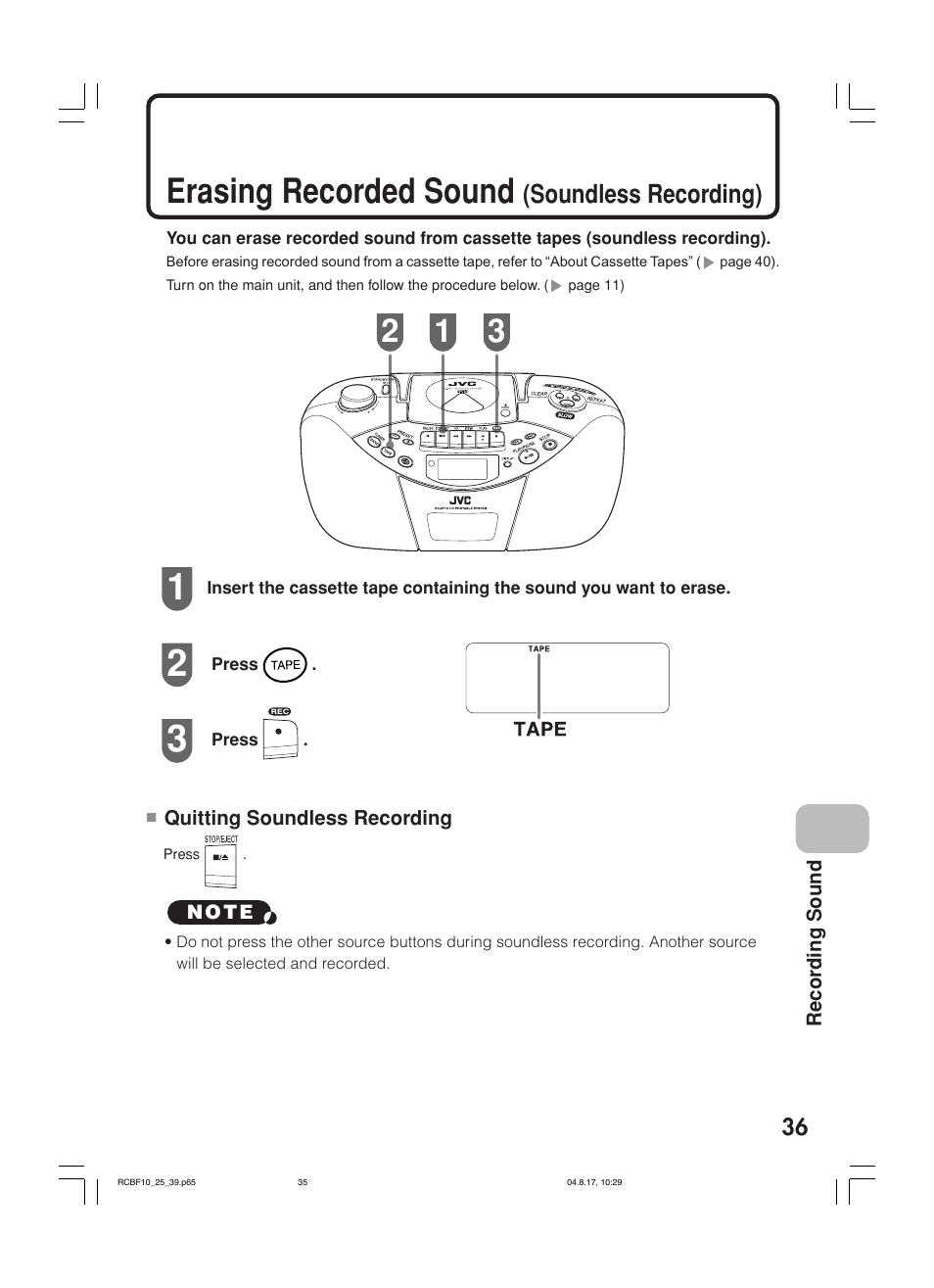 Erasing recorded sound, Soundless recording) | JVC RC-BF10 User Manual | Page 39 / 44