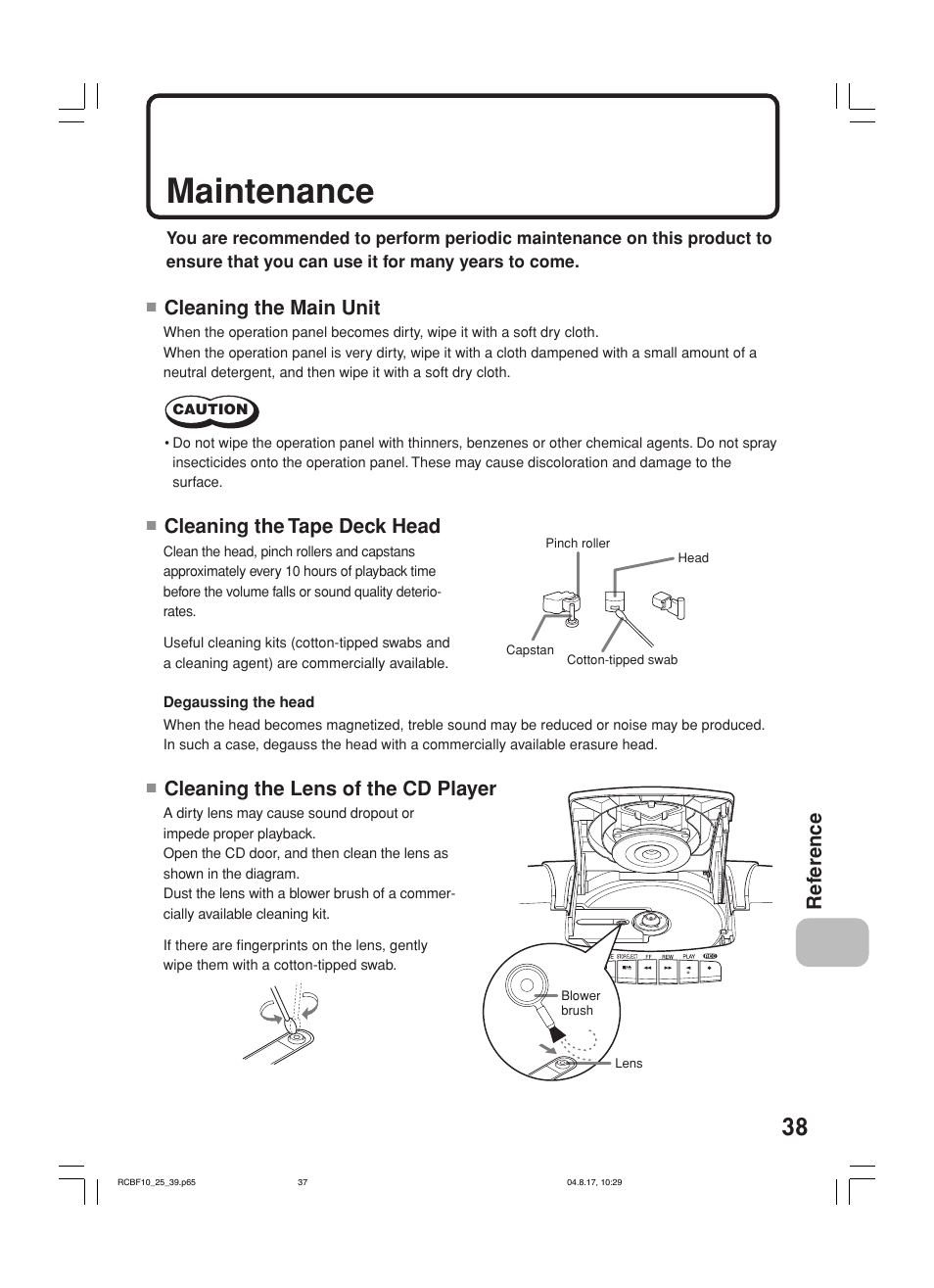 Maintenance, Ref erence, Cleaning the main unit | Cleaning the tape deck head, Cleaning the lens of the cd player | JVC RC-BF10 User Manual | Page 41 / 44