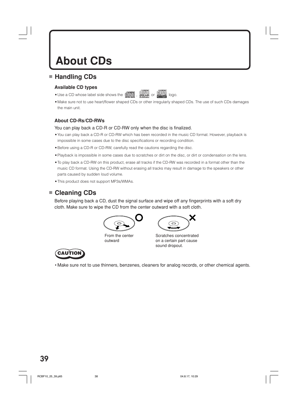 About cds, Handling cds, Cleaning cds | JVC RC-BF10 User Manual | Page 42 / 44