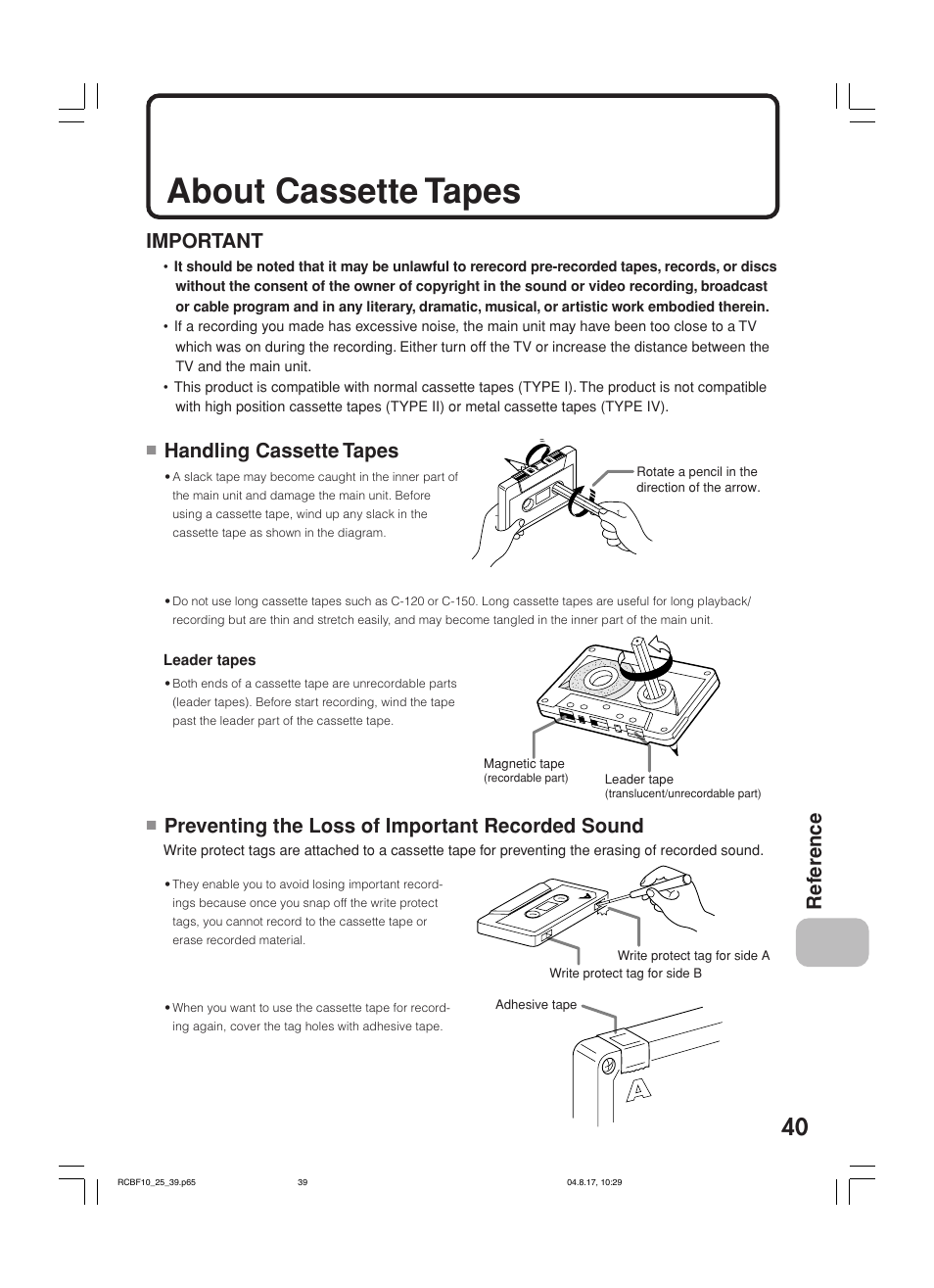 About cassette tapes, Ref erence, Important | Handling cassette tapes, Preventing the loss of important recorded sound | JVC RC-BF10 User Manual | Page 43 / 44
