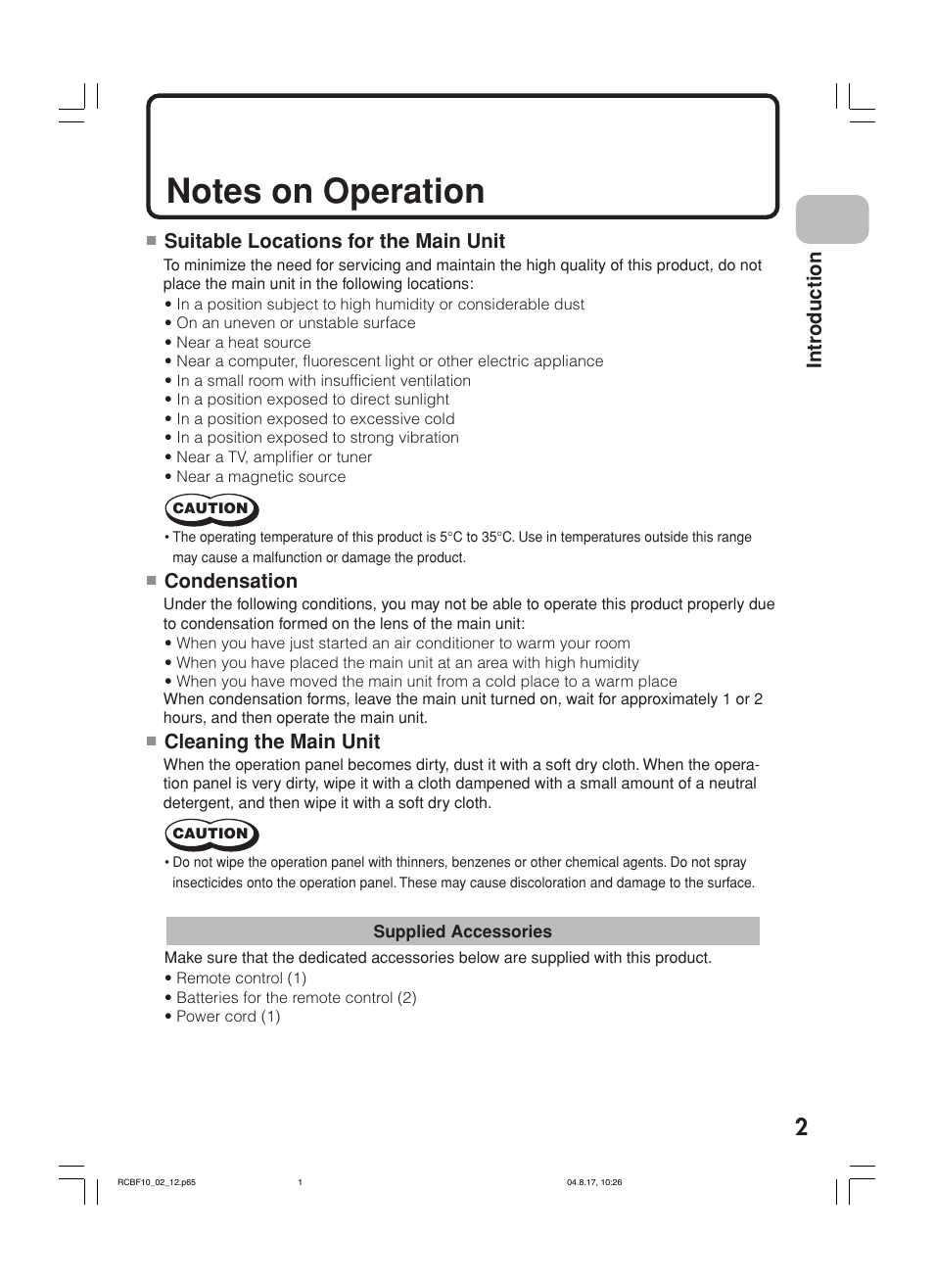 Intr oduction, Suitable locations for the main unit, Condensation | Cleaning the main unit | JVC RC-BF10 User Manual | Page 5 / 44