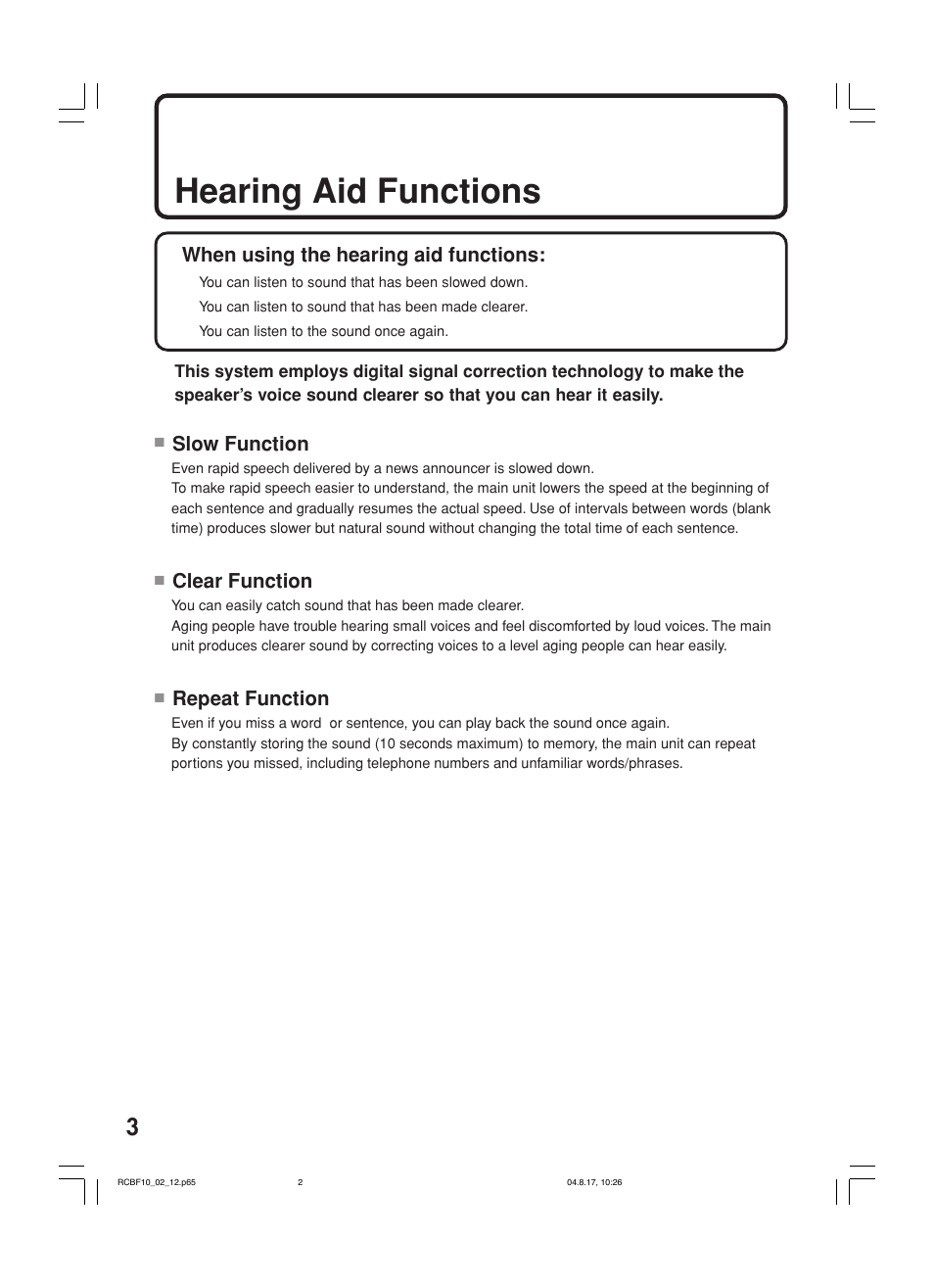 Hearing aid functions, Slow function, Clear function | Repeat function, When using the hearing aid functions | JVC RC-BF10 User Manual | Page 6 / 44