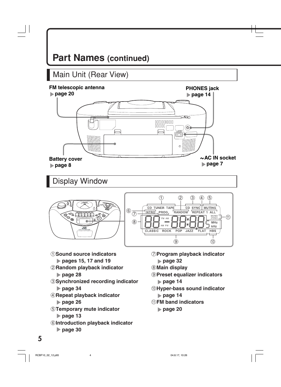 Part names, Main unit (rear view) display window, Continued) | JVC RC-BF10 User Manual | Page 8 / 44