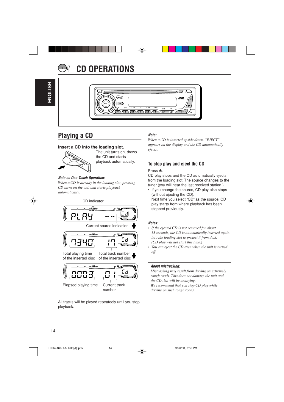 Cd operations, Playing a cd | JVC KD-G200 User Manual | Page 14 / 68