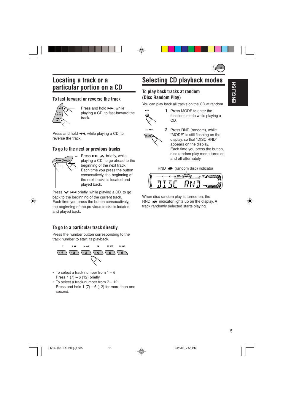 Selecting cd playback modes, Locating a track or a particular portion on a cd | JVC KD-G200 User Manual | Page 15 / 68