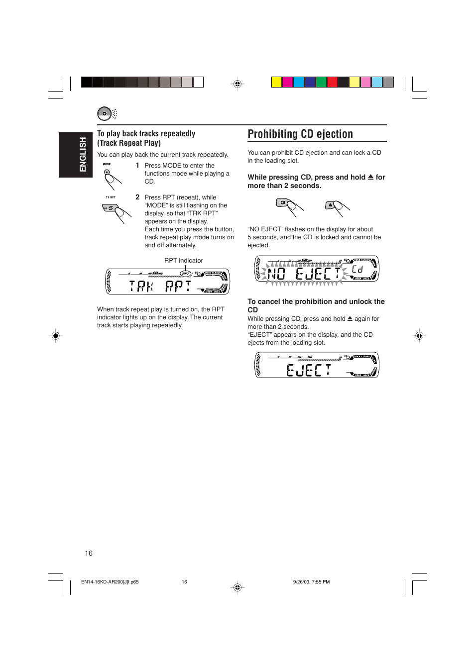 Prohibiting cd ejection | JVC KD-G200 User Manual | Page 16 / 68