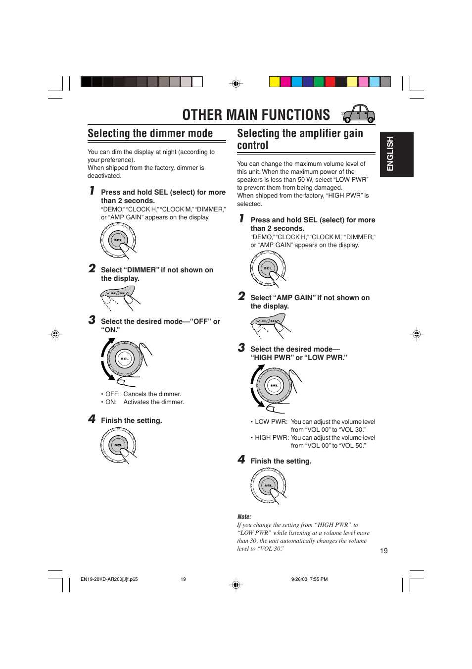 Other main functions, Selecting the dimmer mode, Selecting the amplifier gain control | JVC KD-G200 User Manual | Page 19 / 68