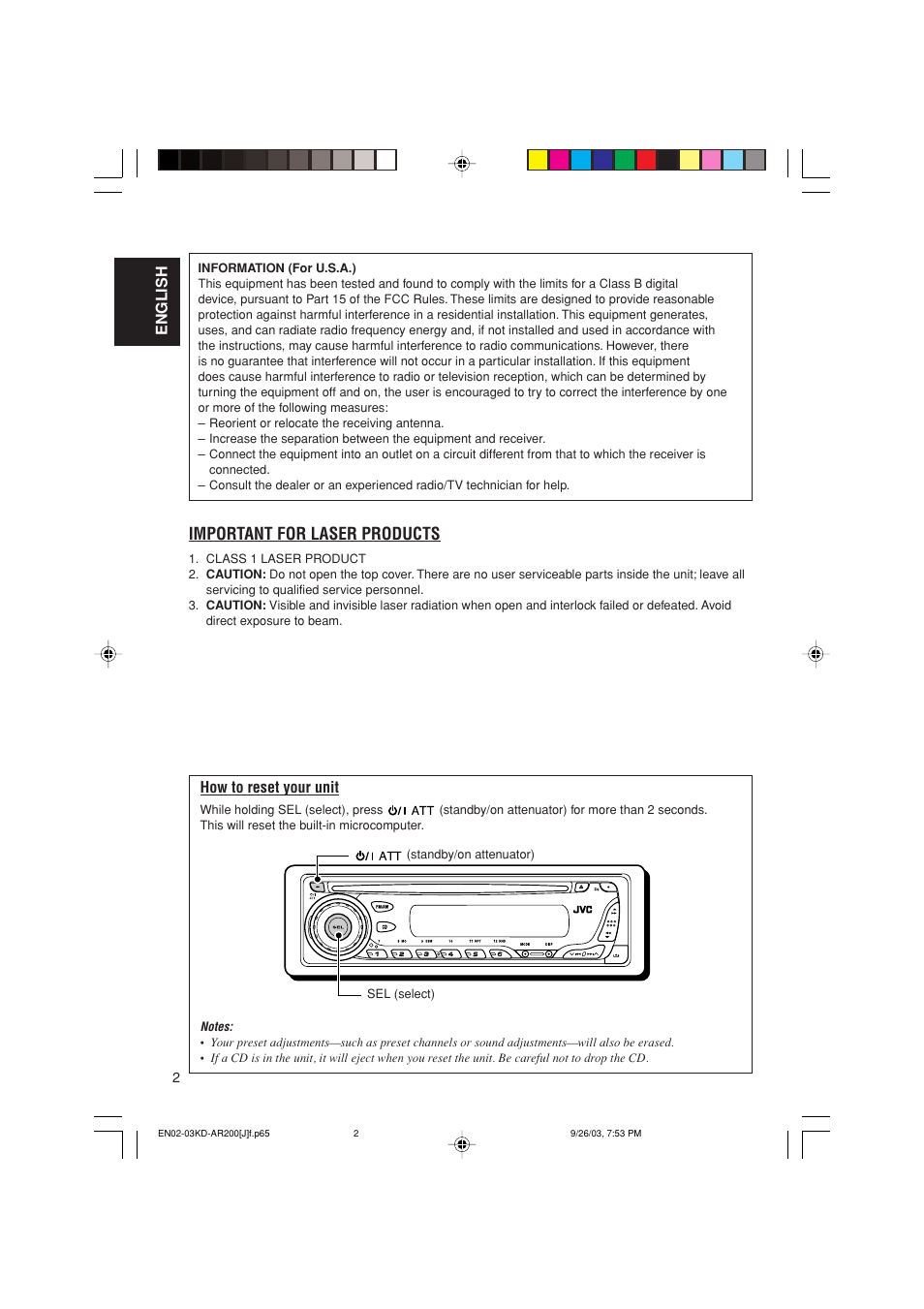 Important for laser products, English, How to reset your unit | JVC KD-G200 User Manual | Page 2 / 68
