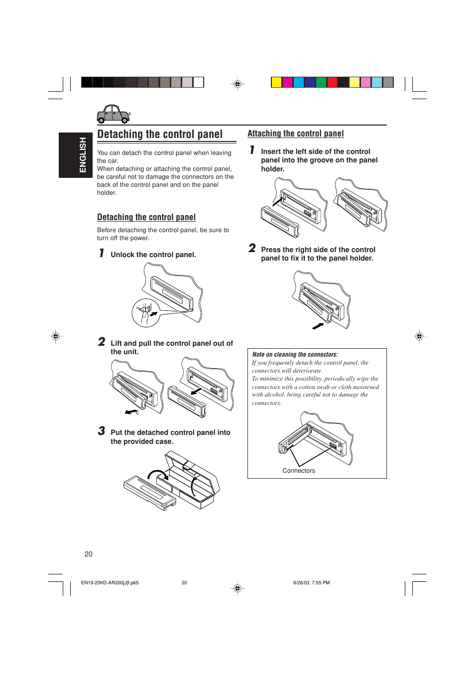 Detaching the control panel | JVC KD-G200 User Manual | Page 20 / 68