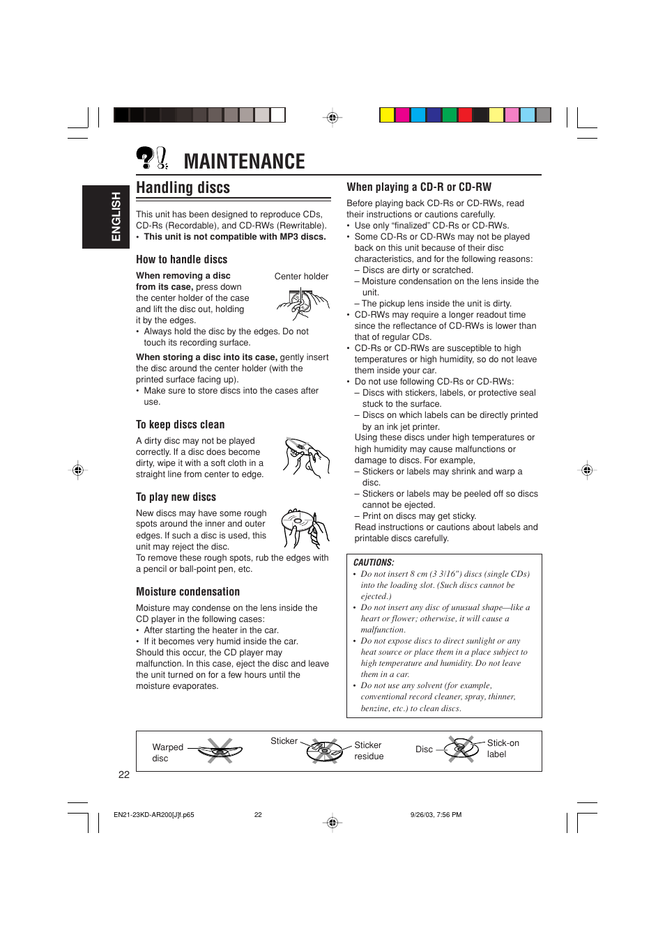 Maintenance, Handling discs | JVC KD-G200 User Manual | Page 22 / 68