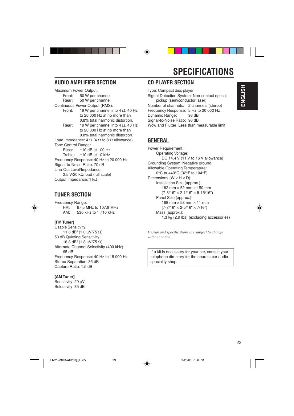 Specifications, General, English | JVC KD-G200 User Manual | Page 23 / 68